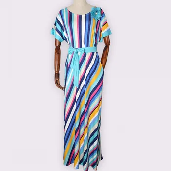 

African Dresses For Women Dashiki Appliques Stripe Print Long Maxi Dresses Bazin Riche Traditional African Clothing Short Sleeve