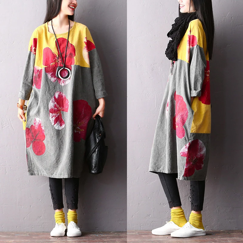 

2018 female new autumn and spring plus size fashion cotton linen printing flowler o-neck batwing sleeve loose dress