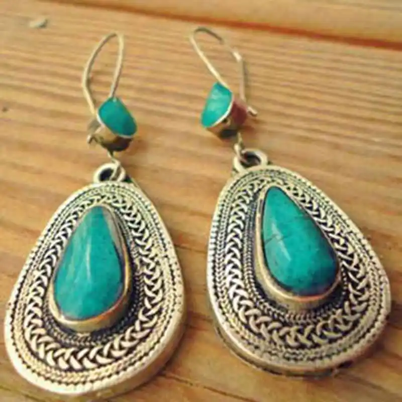 

Tisonliz Vintage Boho Green Stone Dangle Earrings For Women Antique Ethnic Drop Earrings Wedding Anniversary Jewelry Brincos