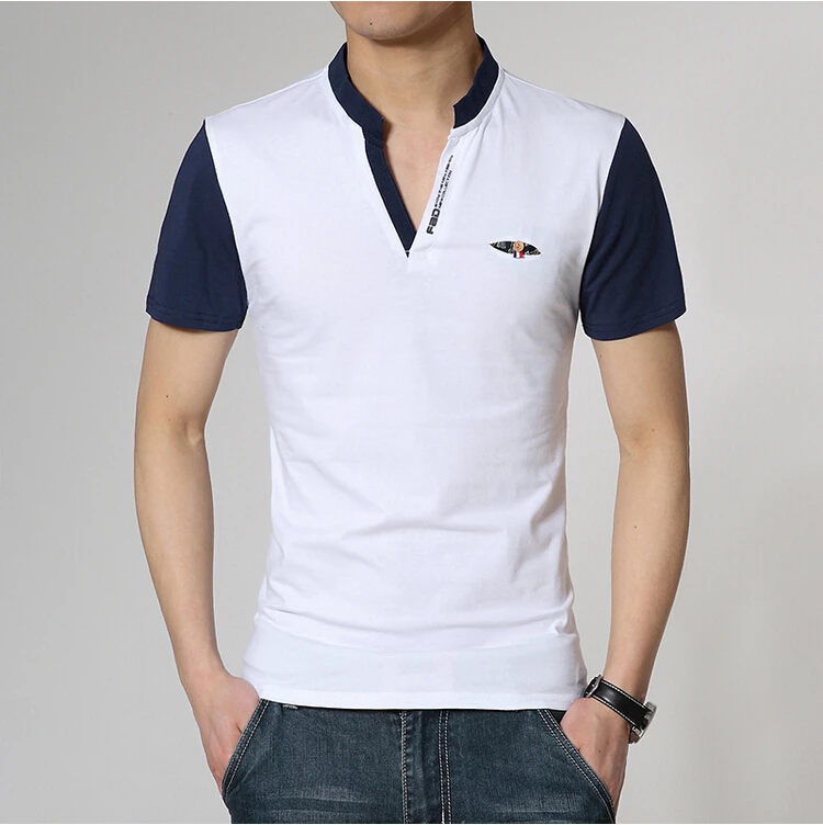 2015 new fashion Men's t shirt V neck mandarin collar Patchwork casual ...