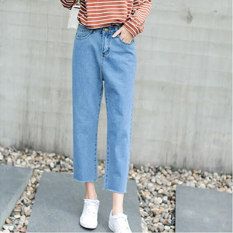 

Women Straight Loose Casual Denim Pants High Waist Elastic Tassel Long Femme Trousers Female Boyfriend Jeans