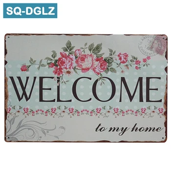 

[SQ-DGLZ]Hot Flower WELCOME Metal Sign Retro Store Wall Decor Vintage Metal Crafts Home Decor Painting Plaques Art Poster