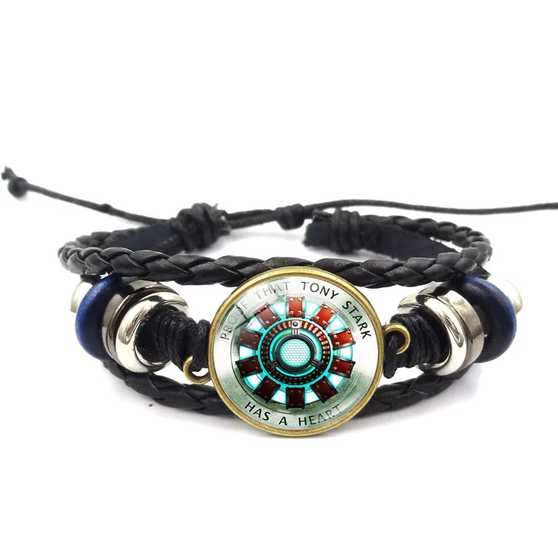

2019 Marvel Iron Man Tony Stark Leather Bracelet The Avengers Iron Man Arc Reactor 3D Printed Glass Gem Charm Bracelet Bangles