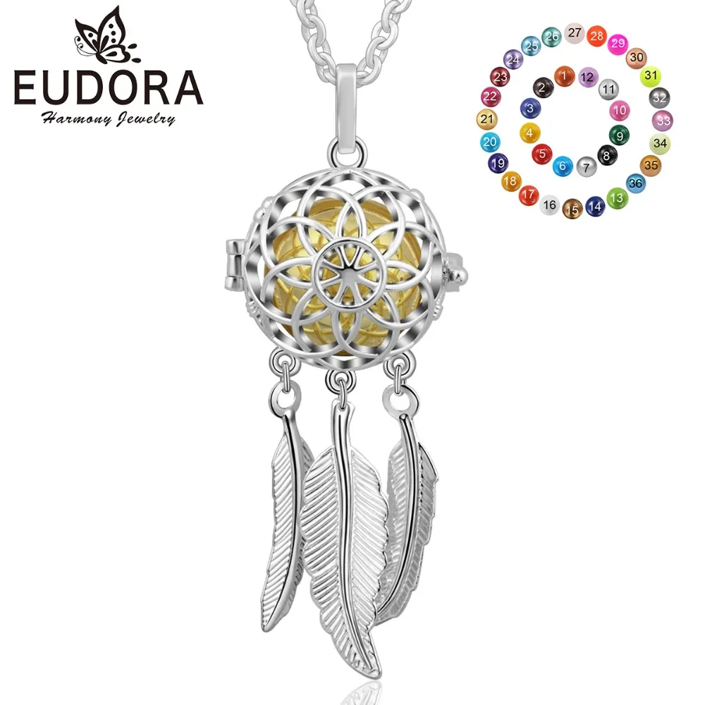 

EUDORA 18 mm Celtics Flower Feather Design Cage Harmony Ball Pendant Necklace with Chime Sound Harmony Bola Pregnancy Ball K263
