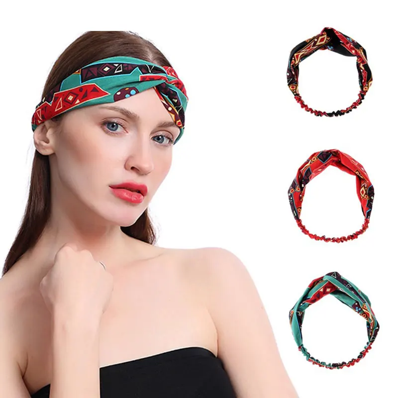 

National Style Printed Chiffon Headband Rope Elastic Hair Bands Cross Hair Hearband Women Female Turban Hair Accessories