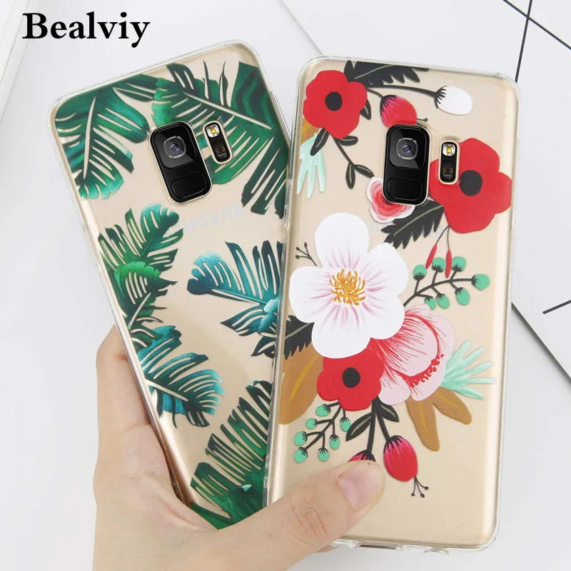 Bealviy ультратонких Ясно Мягкие TPU чехол для samsung Galaxy S9 S8Plus розы зеленые листья узор