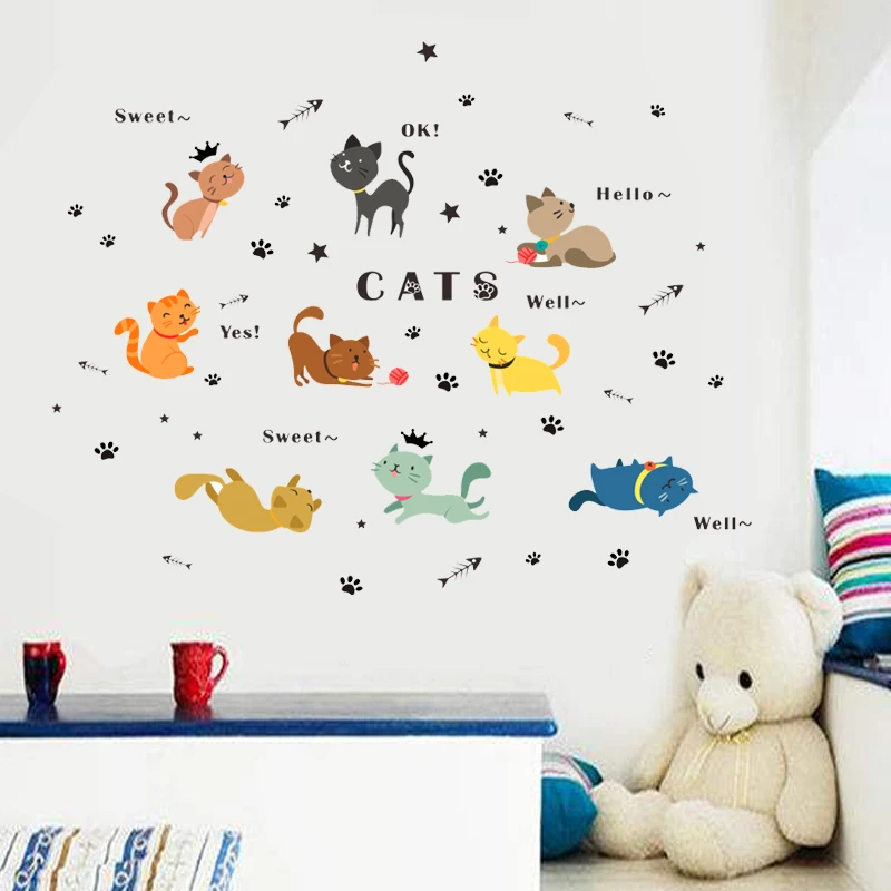 

cute cats playing wall stickers for kids rooms bedroom wall art decals cartoon home decoration nursery diy posters