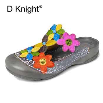

Genuine Leather Flower Pattern Slippers For Women Retro Handmade Round Toe Low Heels Slides Women Shoes Casual Female sandals