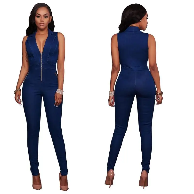 European Brand New Fashion V neck Sleeveless Jeans Jumpsuits Women Summer Full Body Latex Suit