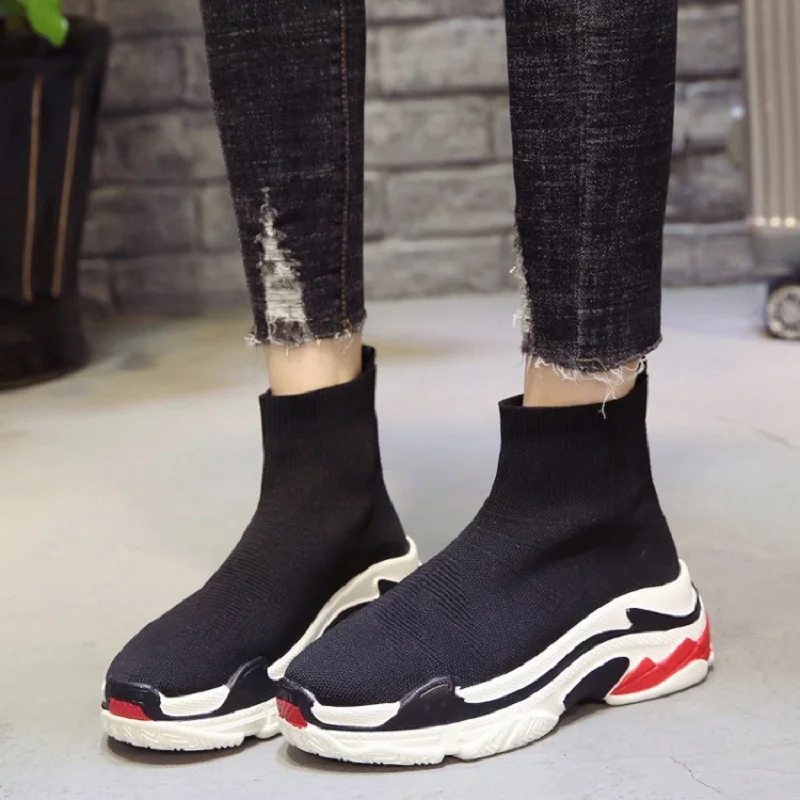

2018 spring new old shoes thick bottom increased loose cake bottom socks shoes female high heel casual knitted wool shoes