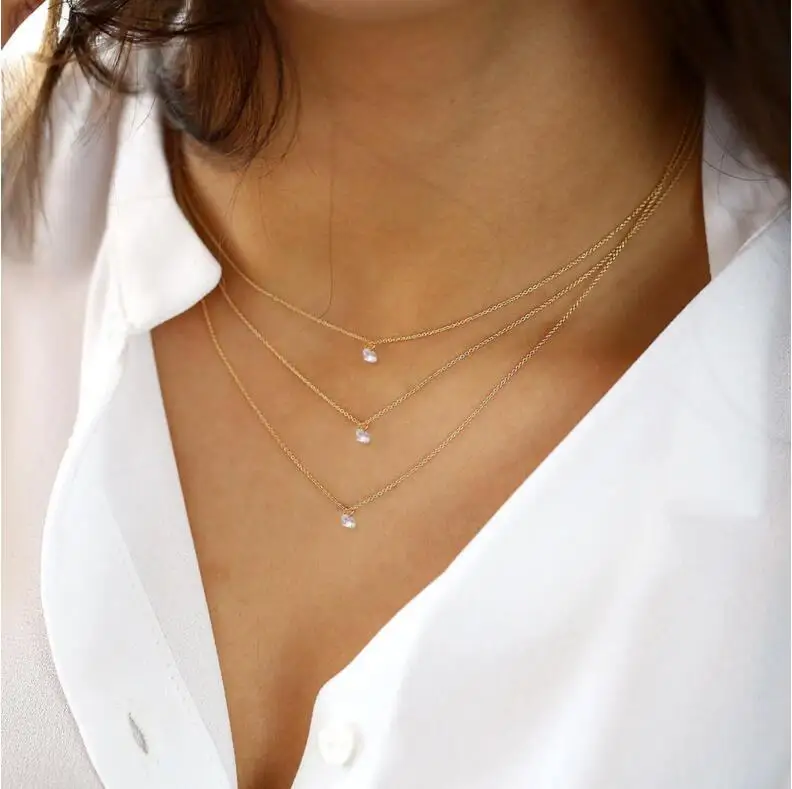 

2018 New Fashion Gold chain Zircon crystal 3 Layers Necklace For Women Female Charm Choker Necklaces Water Drop Pendant