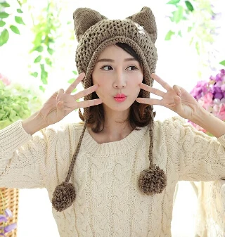 Fox Ears Beanie Handmade Knitted Pompom Hat - Wool & Acrylic Winter Cap For Adults & Children