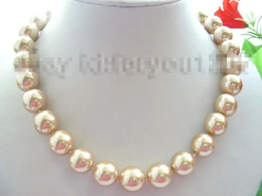 

Free shipping hot sale Women Bridal Wedding Jewelry >>Natural 14mm Champagne Round Shell Pearl Necklace