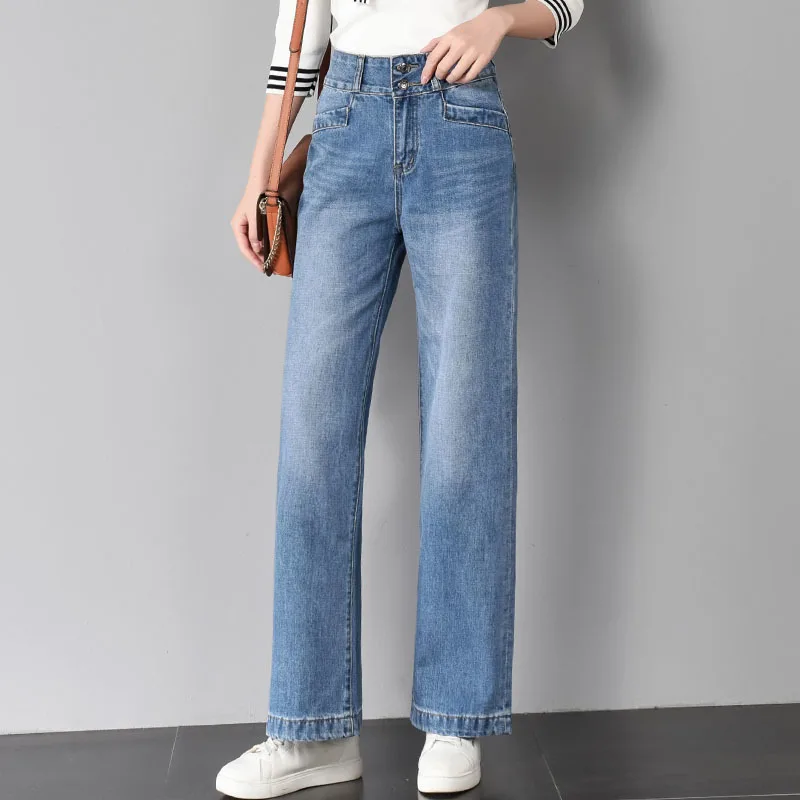 

2019 Spring Summer High Wiast Denim Jean Trousers For Women's Wide Leg Pants Female Loose Denim Pant
