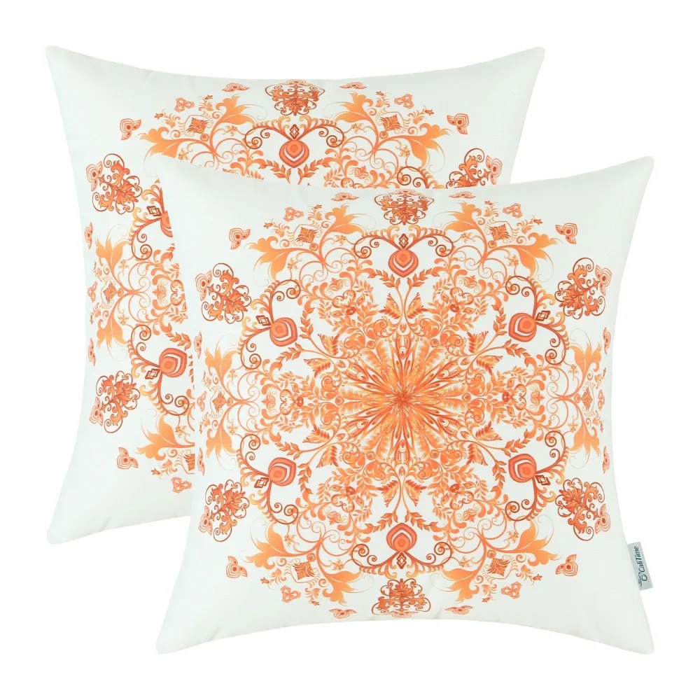 

2PCS Square CaliTime Cushion Cover Decorative Pillows Shell Home Short Plush Vintage Mandala Floral 20"X20"(50cmX50cm) Orange