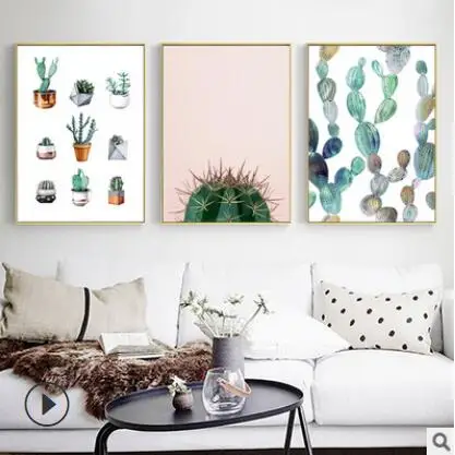 New Canvas Painting Triple Decorative Abstract Green Leaves Small Fresh Potted Cactus Print Unframed | Дом и сад