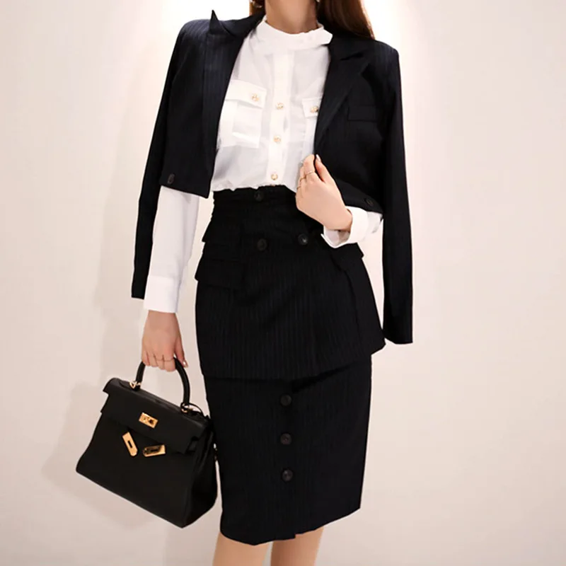 

2 piece outfits for women fashion OL temperament striped small suit jacket + fake two-piece skirt womens two piece sets