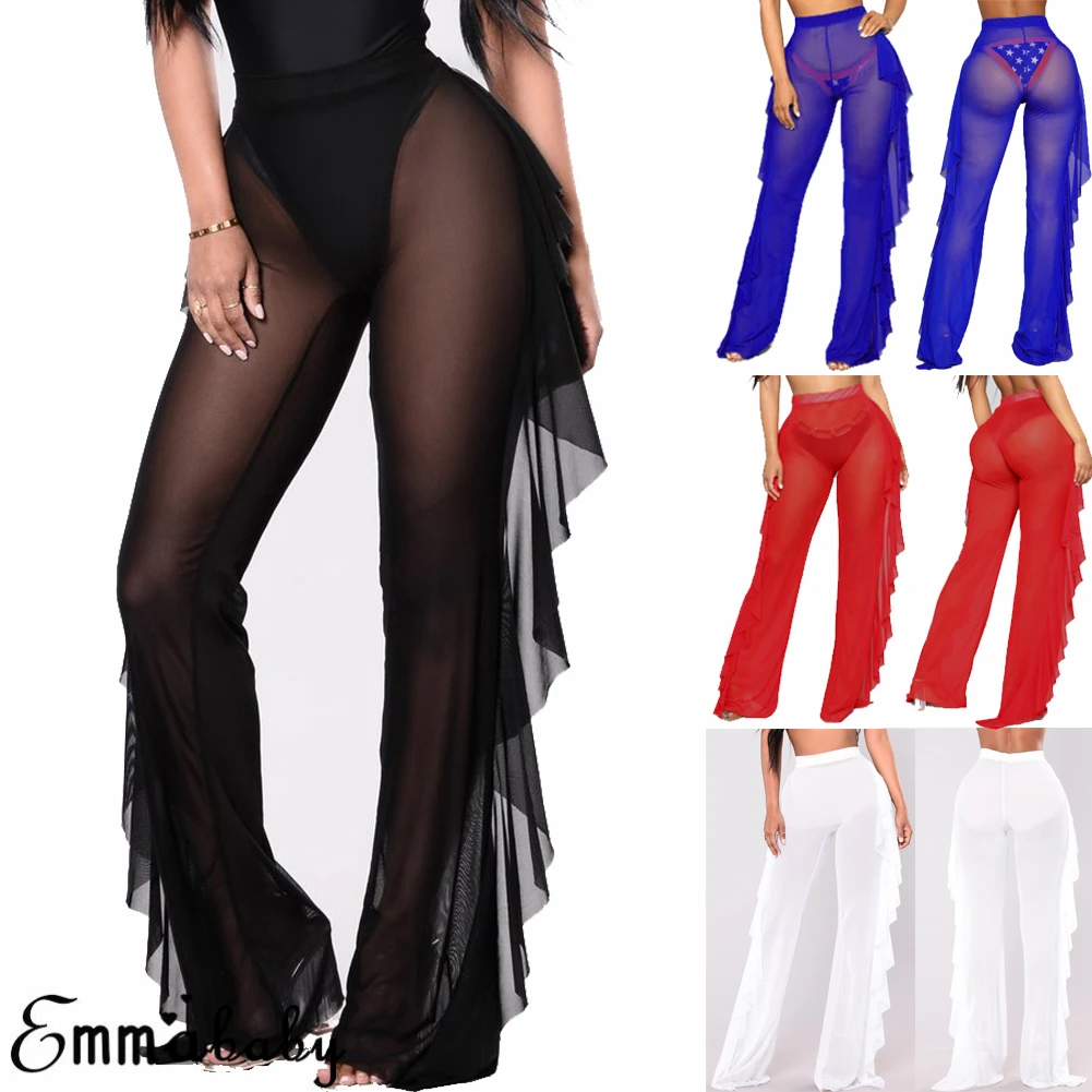 New Sexy Ruffle Women Beach Mesh Pants Sheer Wide Leg Pants Transparent See through Sea Holiday Cover Up Bikini Trouser black leggings