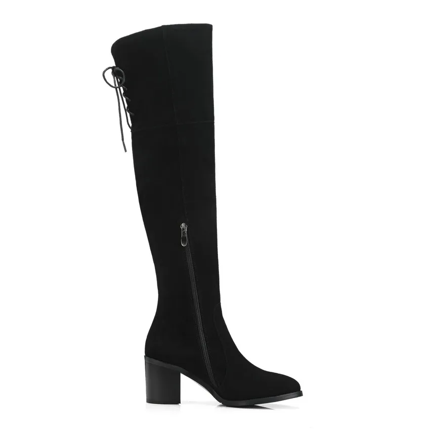 2019 Plate Grand Carré Noir D'hiver Haut Talon Genou Le 39 forme Taille Chaussures Mode 34 Bottes Sur Qutaa Suède De Femmes Vache dqdTZ1P
