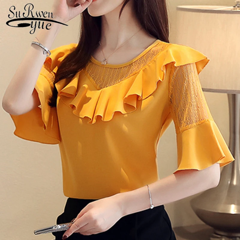 womens tops and blouses blusas mujer de moda 2019 women blouses ruffles hollow short sleeve shirts chiffon blouse women 4493 50