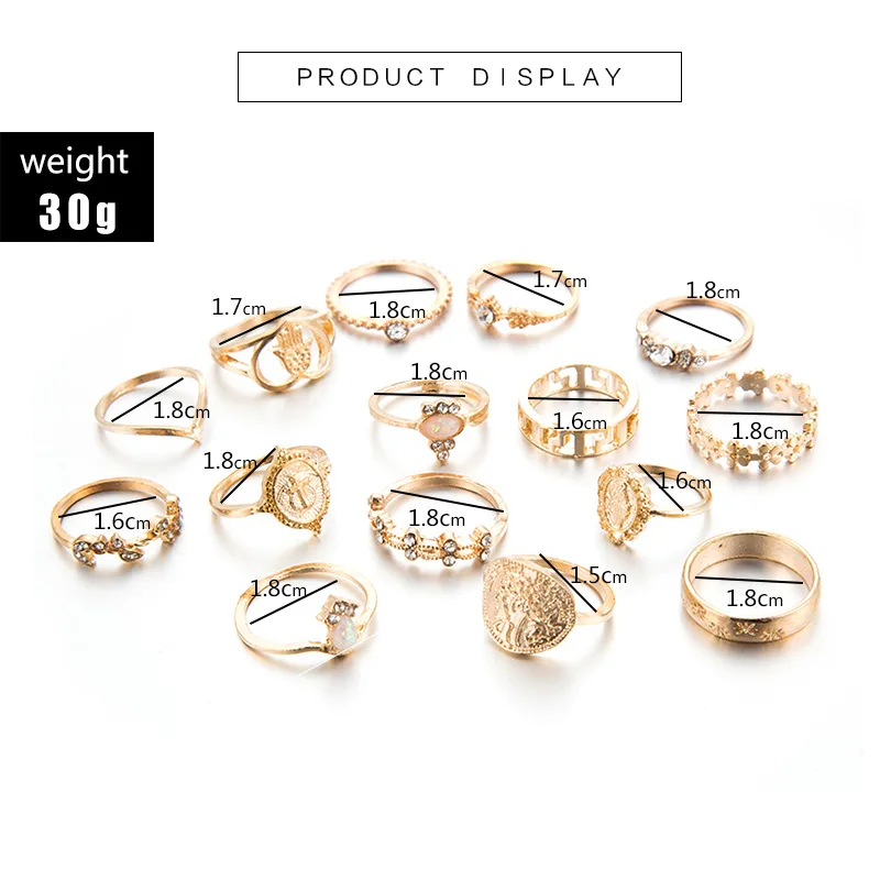 15 Pcs/set Boho Virgin Mary Snake Gold Color Rings Women Geometric Female Finger Rings Set Jewelry 2
