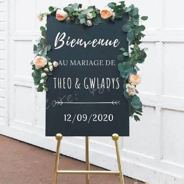 Французская версия Добро пожаловать в нашу свадьбу виниловые наклейки Свадьба Bienvenue знак на заказ виниловая наклейка индивидуальные имена Свадебный декор AZ555