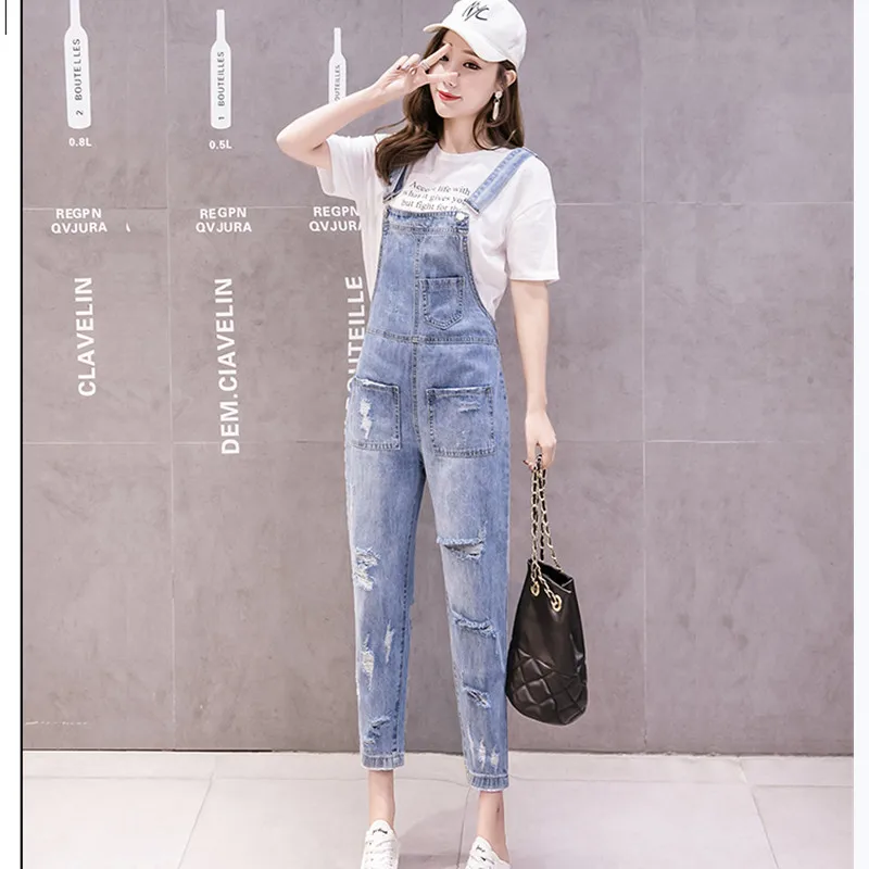 

JUJULAND Jean overalls ankle-length pants casual loose hole ripped overalls S-XL blue jeans 2019