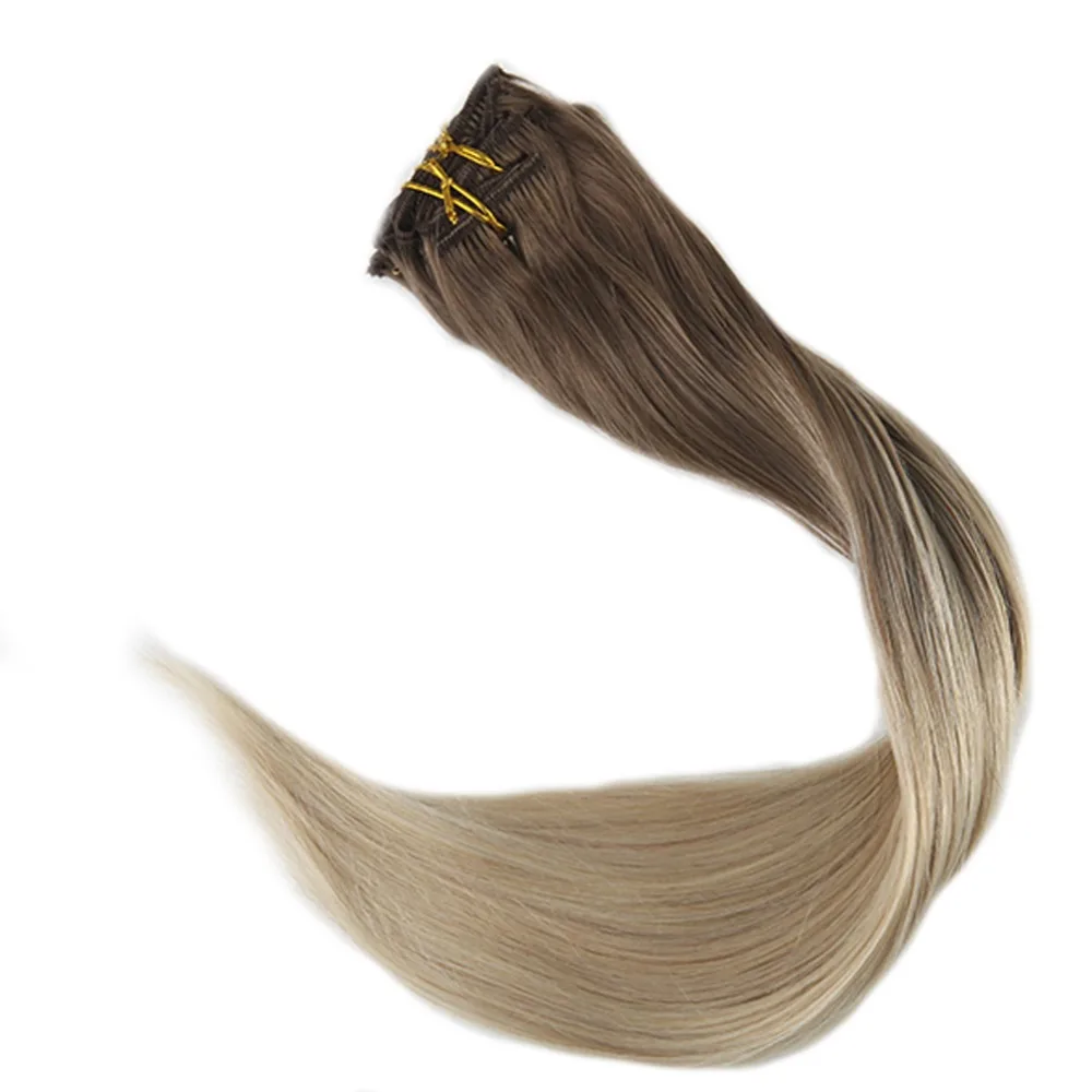Полный блеск натуральный зажим для волос Ins 10 шт. Клип В Balayage пряди человеческих волос для наращивания двойной узел для волос цвет 8 и 60