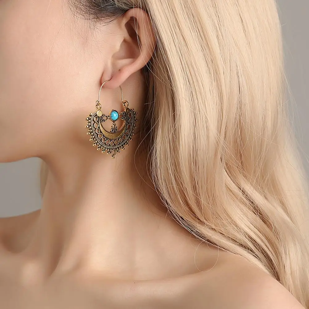 

Ethnic Hollow Pattern Artificial Turquoise Chandelier Dangle Earrings Women Gift