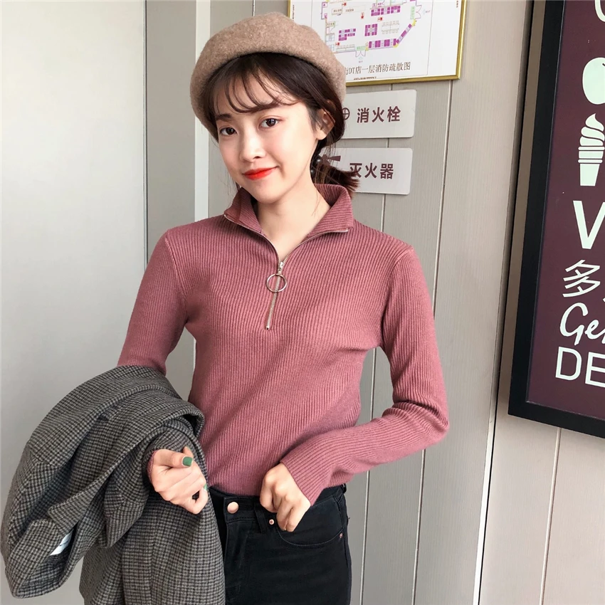 Молния водолазка кольцо корейский темперамент Тонкий эластичный зимний женский длинный рукав вязаный Повседневный модный винтажный свитер S-XL