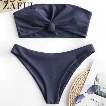 

ZAFUL Knot Solid Bandeau Bikini Set Strapless Push Up Sexy Swimsuit Solid Swimwear Women 2019 Casual Bathing Suit Biquinis