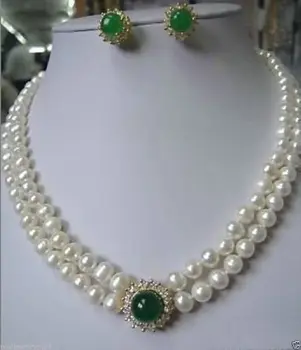 

shipping Jewelry White Pearl necklace green stone earring set hot