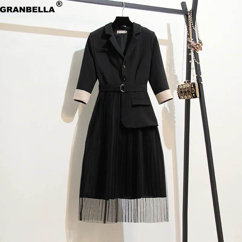 Женское модельное офисное платье миди черное Сетчатое лоскутное Блейзер