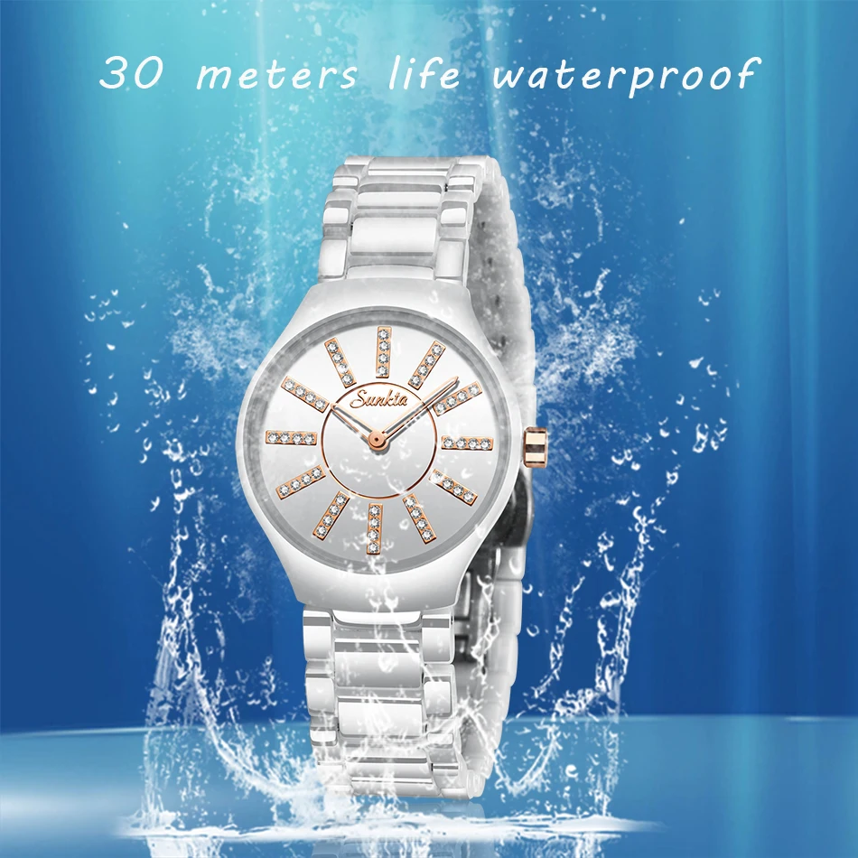 SUNKTA Relogio Feminino женские часы Лидирующий бренд Роскошные модные водонепроницаемые часы с бриллиантами Женские Простые керамические кварцевые часы+ коробка