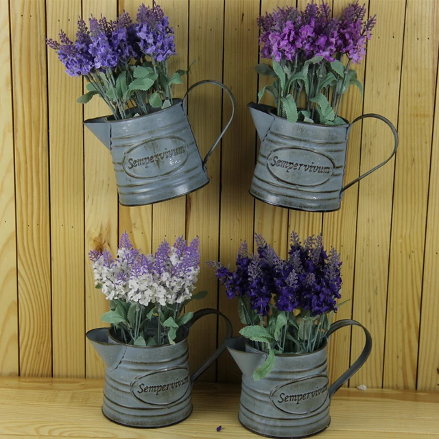 Wall Bucket Flower Pots Planters With Artificial Lavender Wall Bucket Flower Pots Planters With Artificial Lavender Vintage Hanging Metal Home Decoration Pot