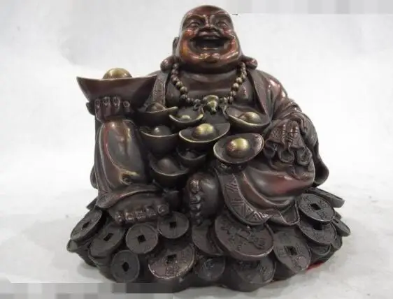 

S06210 China Pure Bronze Copper Lucky Wealth YuanBao Coin Buddha Statue