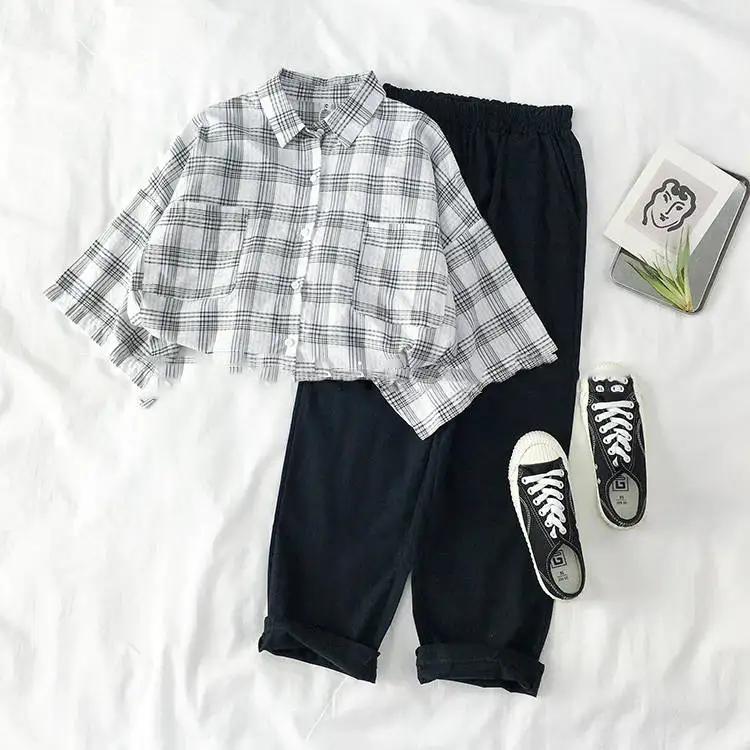 

Fashion female suit summer 2019 new women's Korean version of the irregular plaid shirt + elastic casual pants