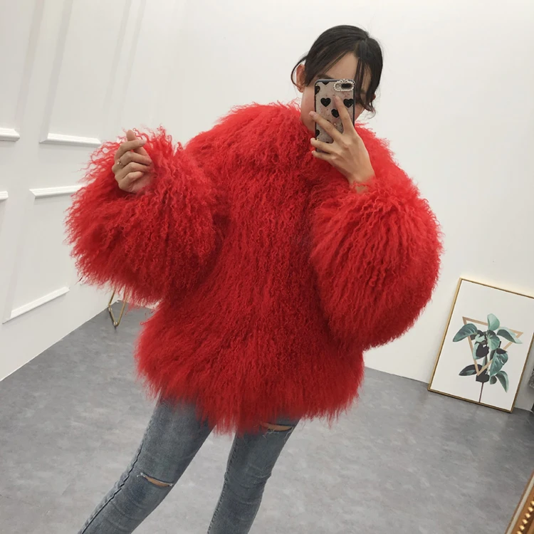 2020Women real mongolian sheep fur coat with