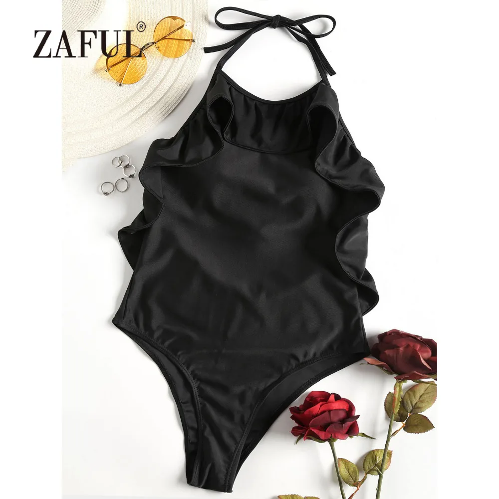 ZAFUL Swimwear Women Ruffle Halter One Piece Swimsuit Sexy High Neck Padded Solid Ruffles