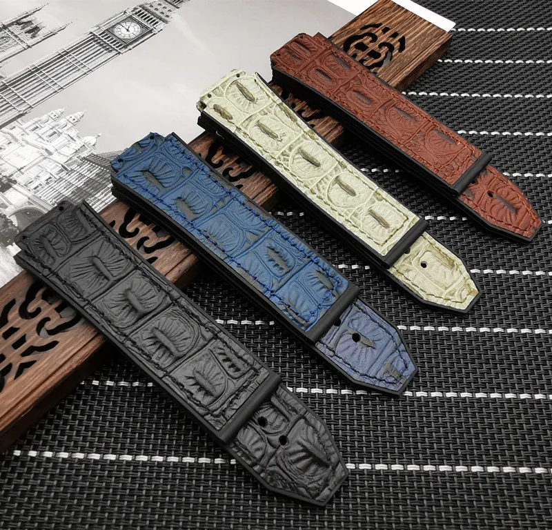 

25*19mm Black Blue Brown Green Crocodile pattern cow leather Rubber Watchband for Hublot strap for Big Bang belt Watch band