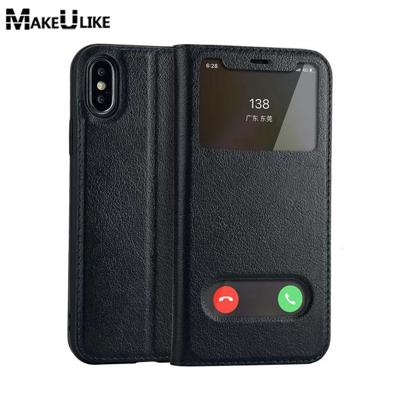 

MAKEULIKE Genuine Leather Case For iPhone X Flip Cover Luxury Magnetic Window View Phone bags cases For iPhone X iPhoneX
