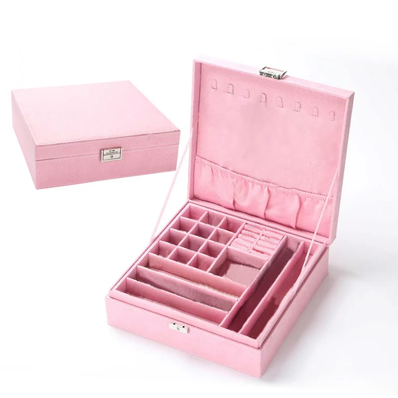 Большая Лучшая модная фланелевая квадратная шкатулка для ювелирных изделий простая раскладка 2 слоя органайзер для макияжа колье кольцо ожерелье коробка для хранения - Цвет: pink