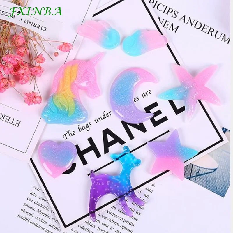 

FXINBA 10Pcs/Lot Cute Resin Unicorn Stars Charms For Slime Candy Polymer Clay DIY Cake Phone Decoration Slime Supplies Kit Toys
