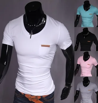 

Summer Decorative Veneer Pocket Short Sleeve Pure Color Slim Men O-neck Cotton Lycra T-shirt