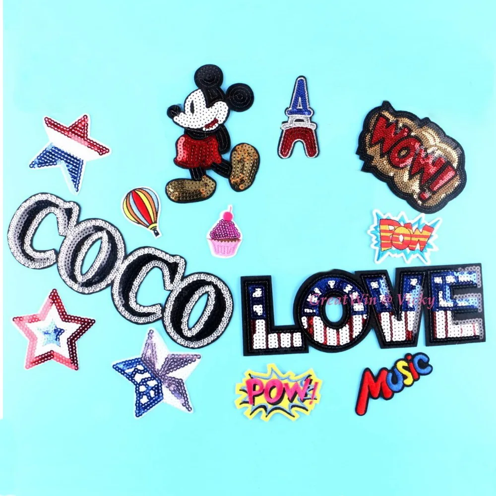

DIY Sequins Iron On Patches Embroidered Clothes Applique Brand Patch WOW DIY Hotfix Motif Miky Star Music Tower