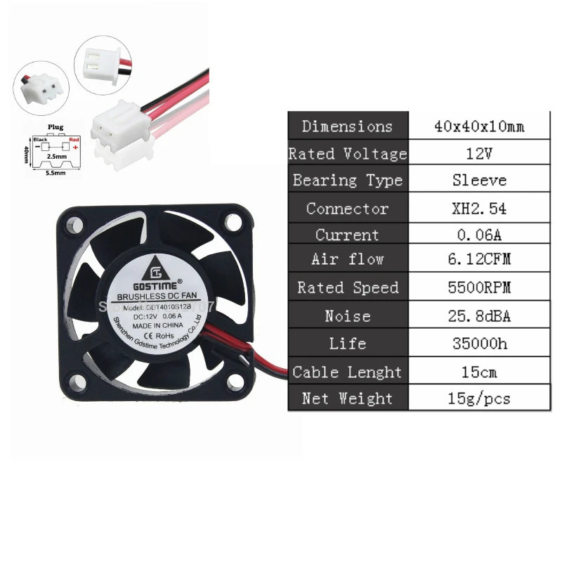 Gdstime 2 шт. 24 в 12 В 5 в 40 мм x 10 мм маленький осевой кулер 4 см 2Pin шарикоподшипник DC бесщеточный вентилятор охлаждения 40x40x10 мм 4010 3Pin - Цвет лезвия: 12V Sleeve 0.06A