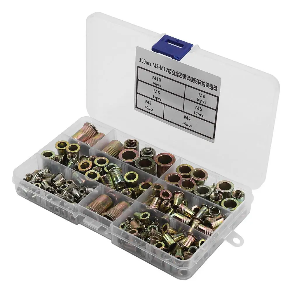 

190Pcs/set Plated Carbon Steel Rivet Nut Rivnut Flat Threaded Flange Rivnut Nutsert Fastener Assortment Kit M3-M12