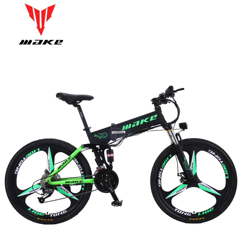 Discount MAKE Mountain Electric Bike Full Suspension Alluminium Folding Frame 27 Speed Shimano Altus Mechanic Brake 26" Wheel 2