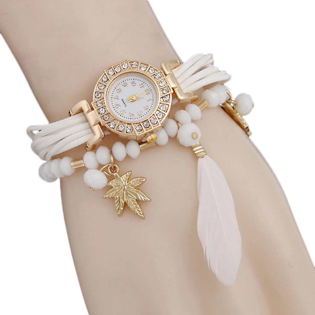 Модные женские туфли браслет плетеный ремешок для часов вокруг цепи кристалл циферблат часы кулон в виде пера наручные