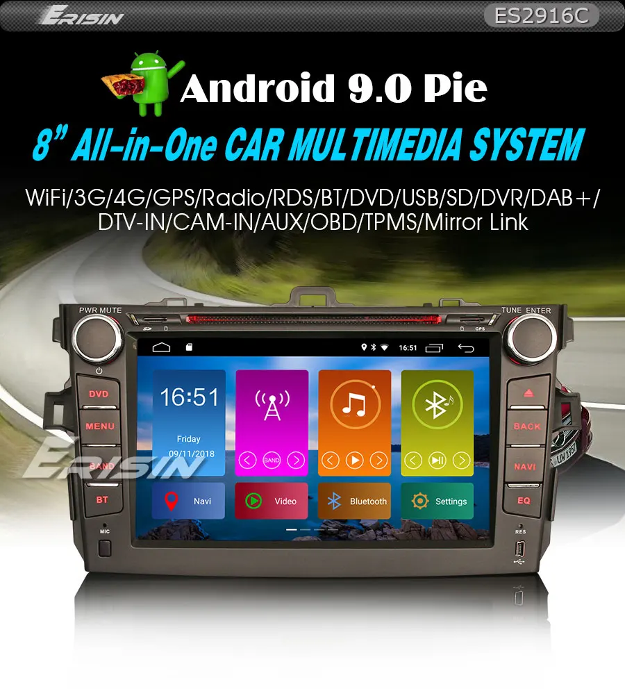 Excellent Erisin ES2916C 8" DAB+ Android 9.0 Pie Car Stereo GPS Sat Nav WiFi DVR TPMS for TOYOTA COROLLA 0